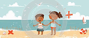 Happy boy and girl playing on the beach. Summer, vacation, sun, happiness, seaside. Flat illustration for web
