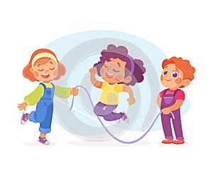 Happy Boy and Girl Playing Game Skipping Rope Having Fun Vector Illustration