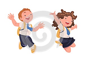 Happy Boy and Girl Pupil in Uniform with Tie and Backpack Jumping with Joy Excited About Back to School Vector Set