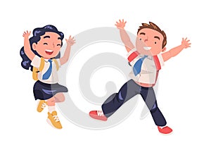 Happy Boy and Girl Pupil in Uniform with Tie and Backpack Jumping with Joy Excited About Back to School Vector Set