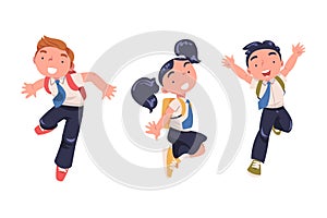 Happy Boy and Girl Pupil in Uniform with Tie and Backpack Jumping with Joy Excited About Back to School Vector Set