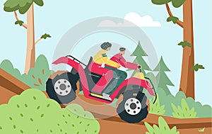 Happy boy and girl riding on quad bike together flat style, vector illustration