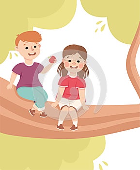 Happy Boy and Girl Sitting on Tree Branch Having Fun Enjoying Summer Vector Illustration