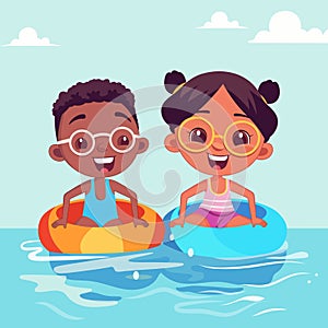 Happy Boy and Girl Wear Goggles and Swimming, Inflatable Ring in Water for Pool Party in Summer
