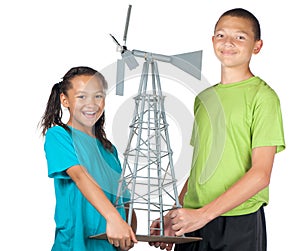 Happy boy and girl with windmill