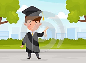 Happy Boy in Graduation Gown and Cap at Ceremony Vector Illustration