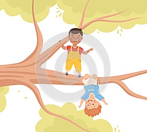 Happy Boy Hanging Upside Down on Tree Branch Having Fun Enjoying Summer Vector Illustration