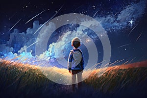 Happy boy have a outdoors on the field at summer, deep night and starry sky, dynamic scene, dynamic scene, ai generated