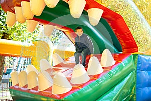 Happy boy having a lots of fun on a colorful inflate castle