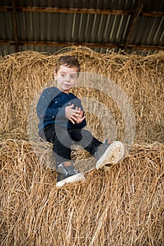 Happy boy in  haystack