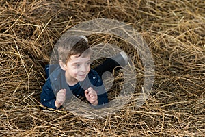 Happy boy in  haystack. Laughing child portrait