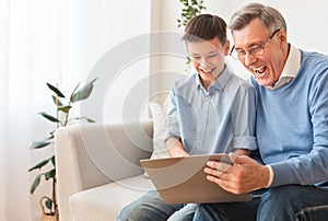 Happy Boy And His Grandfather Using Laptop Sitting On Sofa