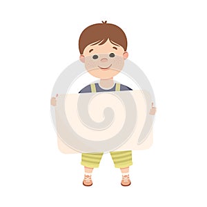 Happy Boy Holding Banner or Poster with Empty Space Vector Illustration