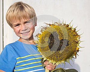 happy boy holding a dried ripe sunflower with a heart carved on it