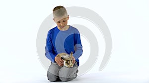 Happy boy is holding and stroking threecolored rabbit at white background. Slow motion.