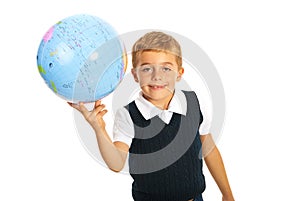 Happy boy holding world globe