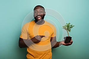 Happy boy indicates a small tree ready to be planted over a light blue color. Concept of forestation, ecology and