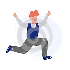 Happy Boy Joyfully Jumping, Smiling Schoolchild Having Fun Vector Illustration