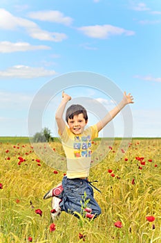 Happy boy jumping on field