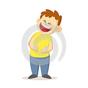 Happy boy laughing out loud with arms pressed to his belly, cartoon character design. Flat vector illustration, isolated