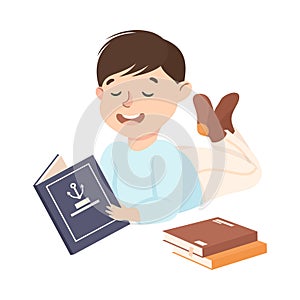 Happy Boy Lying on Floor and Reading Book, Preschool Child Enjoying Literature, Kids Education Concept Cartoon Style