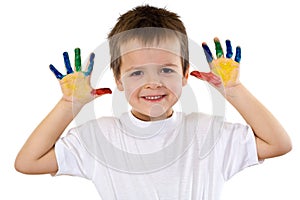 Happy boy with painted hands - isolated