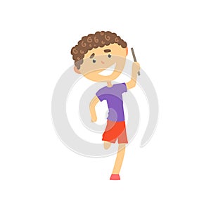 Happy boy participating in a relay race, kids physical activity cartoon vector Illustration