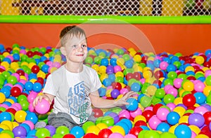 Happy boy playing in ball pit on birthday party in kids amusement park and indoor play center. Child playing with