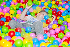 Happy boy playing in ball pit on birthday party in kids amusement park and indoor play center. Child playing with