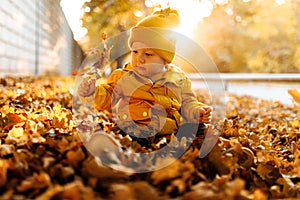 Happy boy playing with fallen leaves in autumn park