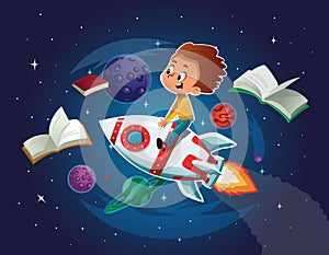 Happy Boy playing and imagine himself in space driving an toy space rocket. Books, planets, rocket and stars in a