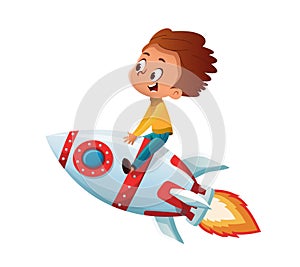 Happy Boy playing and imagine himself in space driving an toy space rocket. Vector cartoon illustration. Isolated