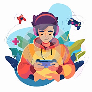 Happy boy playing video games on console. Vector illustration in cartoon style