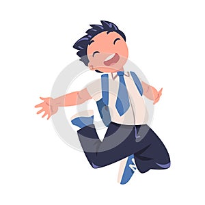 Happy Boy Pupil in Uniform with Tie and Backpack Jumping with Joy Excited About Back to School Vector Illustration