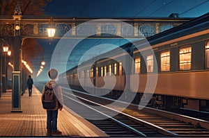 happy boy on railway station perron at fall night. Travelling and vacations concept.. AI