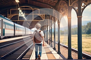 happy boy on railway station perron at summer midday. Travelling and vacations concept.. AI