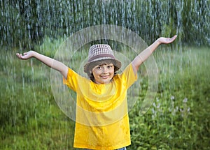 Happy boy in rain summer