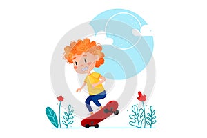 Happy boy riding skateboard outside. Summer holidays outdoor activities for children.
