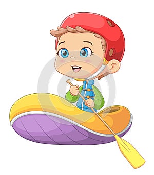 The happy boy is rowing a boat lonely in the big river with safety suit