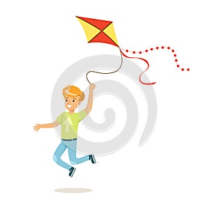 Happy boy running with his flying kite, kids outdoor activity colorful character vector Illustration