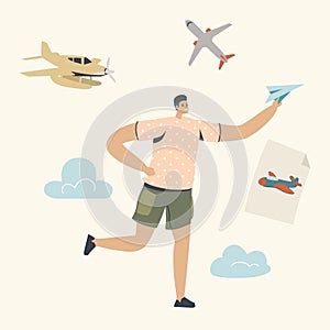 Happy Boy Running with Paper Airplane in Hand. Young Male Character Fly Plane in Air. Summer Vacation