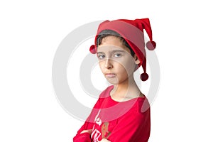 Happy boy in Santa hat isolated on white background.Elf hat. Christmas time. New Year preparations