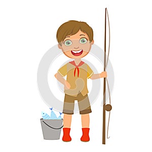 Happy boy scout with a fishing rod and bucket, a colorful character