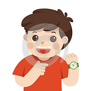 Happy boy showing wrist watch. Shows a time. Little boy pointing at his wrist watch posing photo