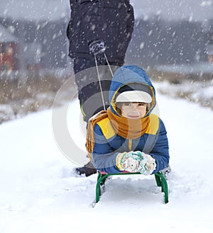 Happy boy with sled