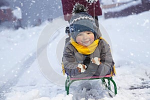 Happy boy with sled