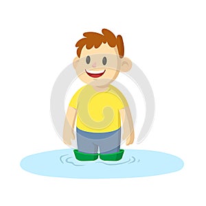 Happy boy standing knee-deep in a puddle, cartoon character design. Flat vector illustration, isolated on white