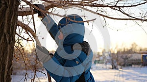 Happy boy stands near a tree and smiles in Sunny winter day