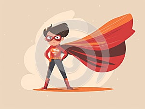 A happy boy in superhero costume with cape in a cartoon illustration