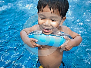 Happy boy swimming in the pool